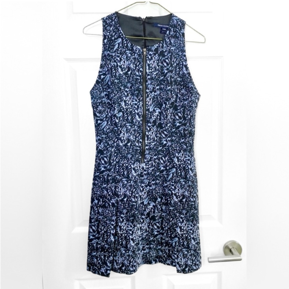 French Connection Racer Back Navy & Blue Swirl Mini Dress w/ Front Zipper Detail